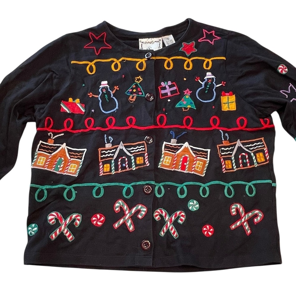 Michael Simon Lite Black Christmas Cardigan Sweater Small Embroidered Teacher